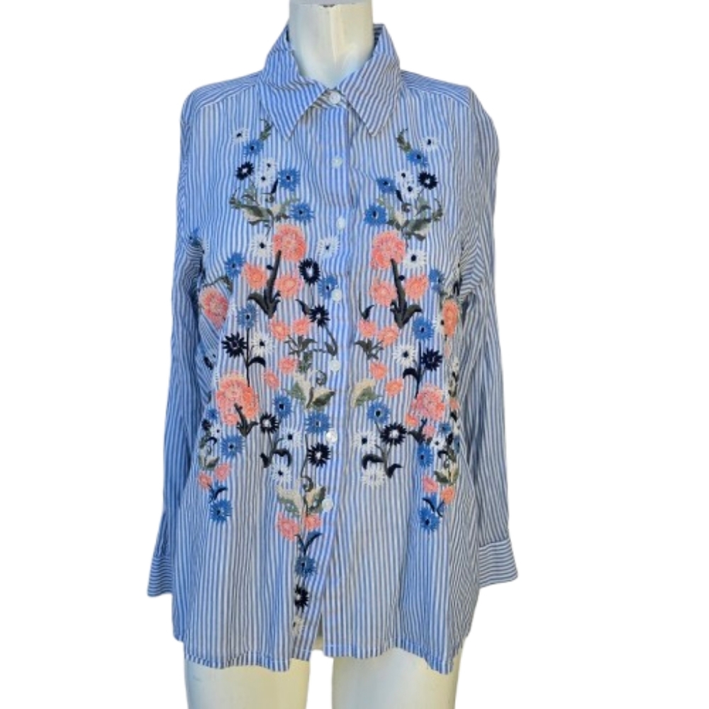 Style & Co. Striped Floral Embroidered Button-Up Shirt Sz M - Picture 1 of 8